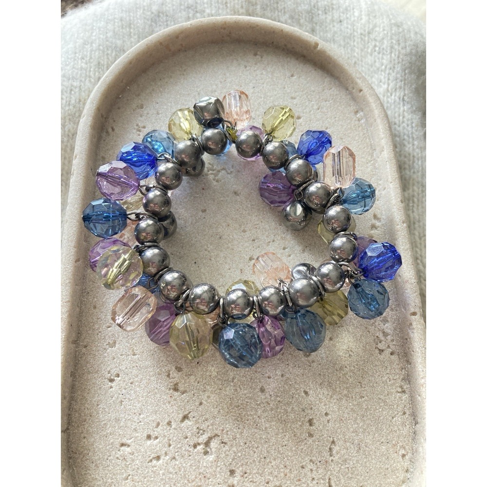 Colorful Cluster Bead Bracelet Stretch Silver Tone Pastel Chunky Statement